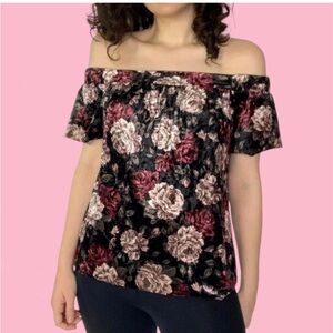 Velvet Floral Peasant Top Blouse Size Small Whimsigoth Coquette Off-Shoulder